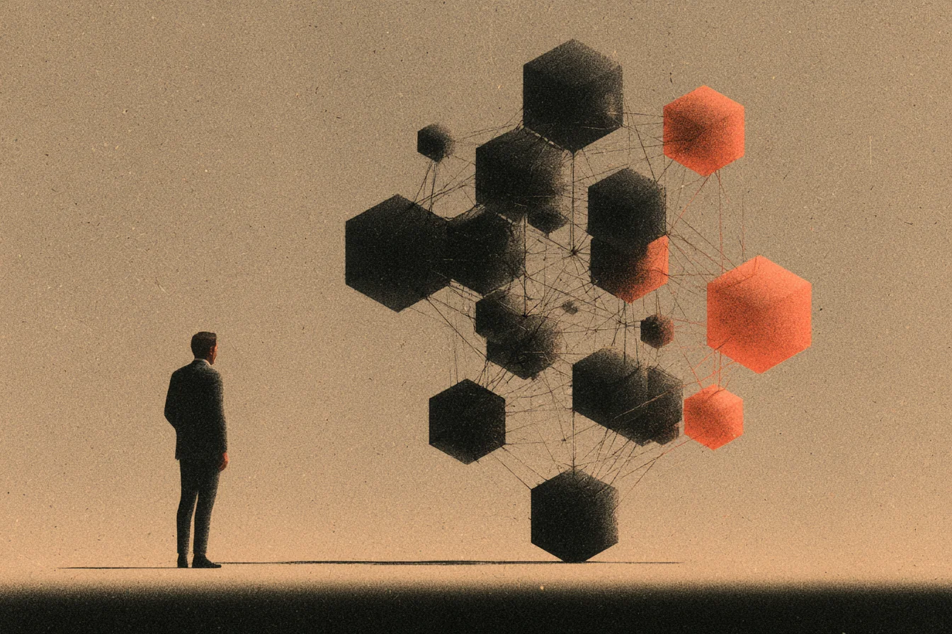 Um homem de terno diante de um aglomerado de blocos hexagonais escuros suspensos e ligados por fios finos; alguns dos blocos, à direita, estão vermelhos