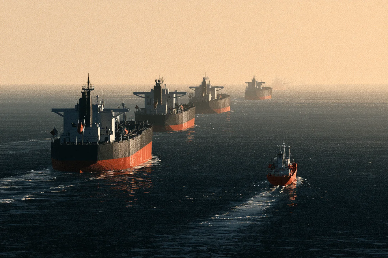 Uma fila de grandes navios cargueiros avança em linha no mar aberto enquanto uma embarcação pequena e vermelha cruza sozinha em outra direção, abrindo o próprio rastro