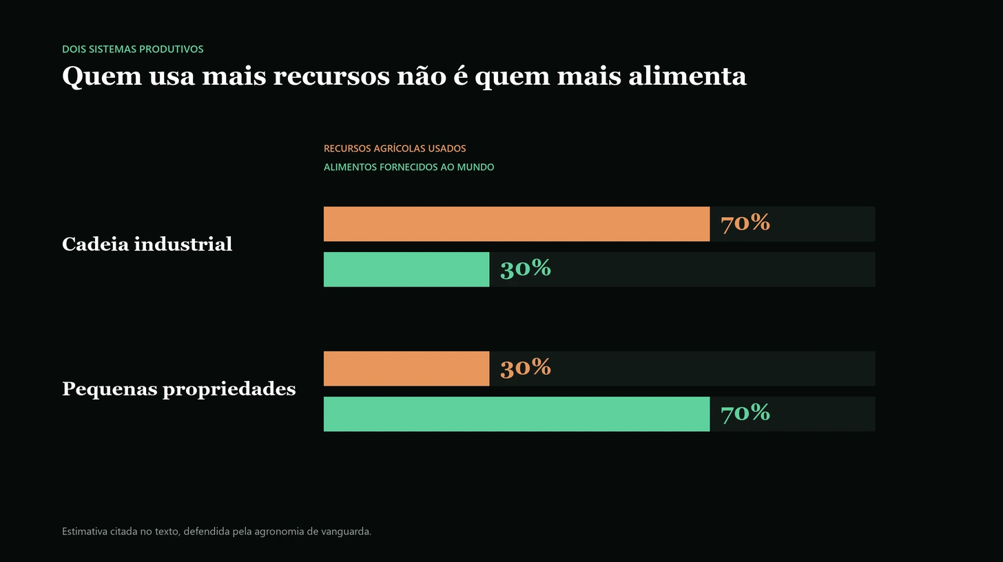 A cadeia industrial usa 70% dos recursos agrícolas e fornece 30% dos alimentos; as pequenas propriedades usam 30% e fornecem 70%