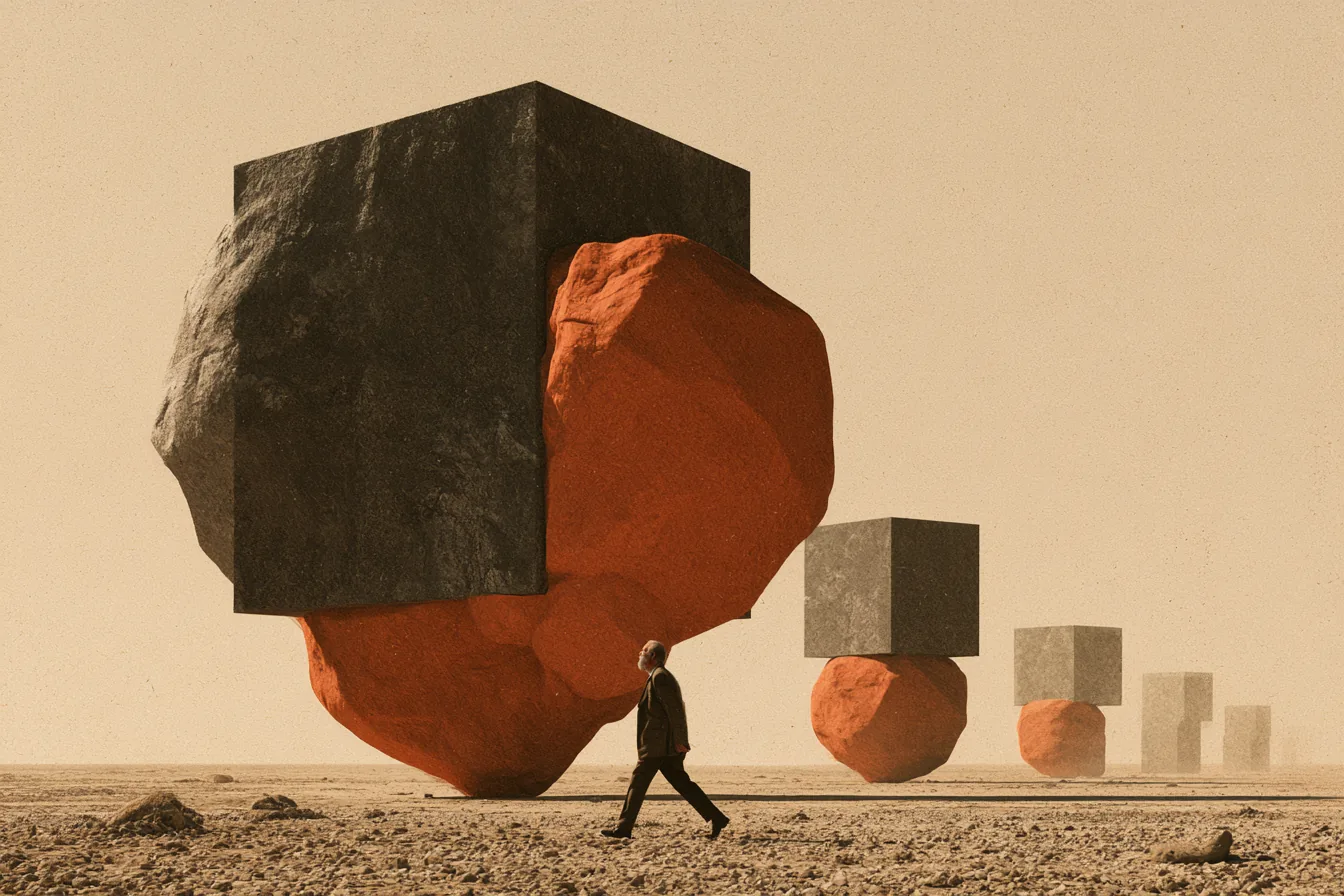 Um homem de cabelos brancos caminha sob um cubo de pedra escura equilibrado sobre uma rocha vermelha; ao fundo, a mesma forma se repete cada vez menor