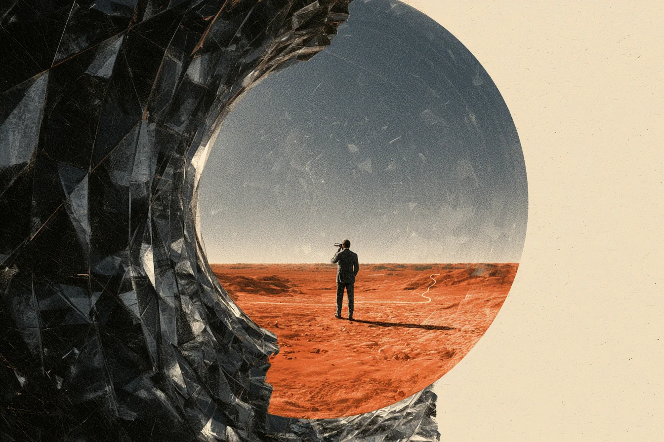 Um homem de terno com uma luneta, visto através de uma abertura circular numa massa escura e facetada, observando um deserto vermelho com um fio branco serpenteando no horizonte