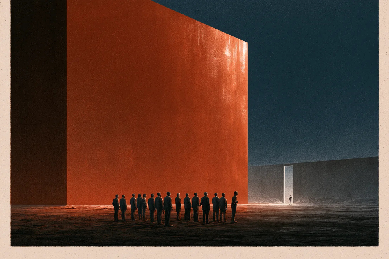 Um grupo de pessoas de terno diante de um enorme muro vermelho iluminado, enquanto ao longe uma figura solitária atravessa uma fresta de luz numa parede cinza