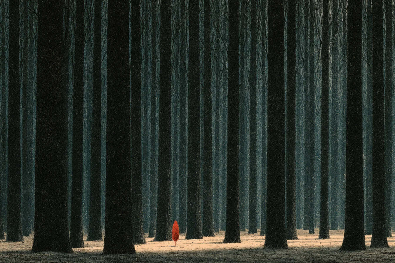 Uma floresta densa de troncos escuros altíssimos e, no chão iluminado entre eles, uma única árvore pequena de folhas vermelhas