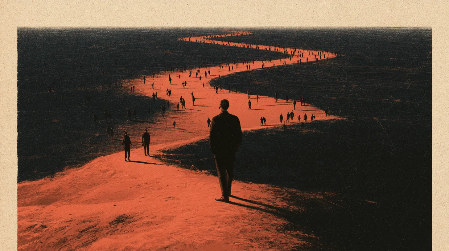 Um homem de costas no alto de uma elevação, diante de um caminho vermelho largo que serpenteia até o horizonte, coberto de pessoas caminhando