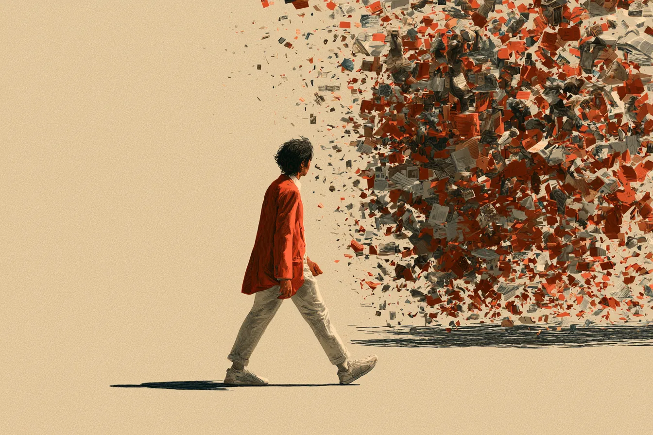 Um homem de casaco vermelho caminha e, atrás dele, uma nuvem enorme de papéis, livros e recortes se espalha pelo ar